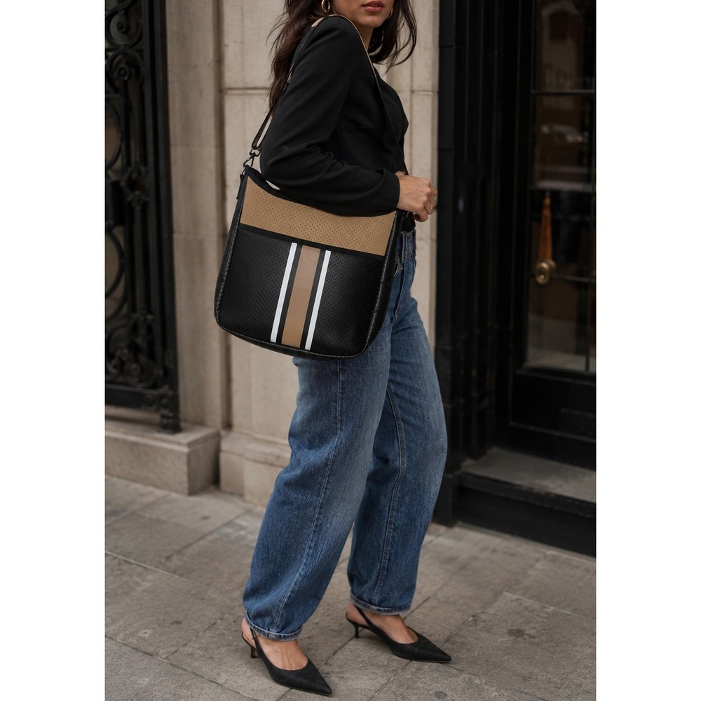 Haute Shore Drew Epic Neoprene Messenger Crossbody Bag Black Tan Stripe